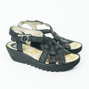 Fly London Rini Braided Leather Wedge Sandals Shoes Black Summer Sandal Comfort